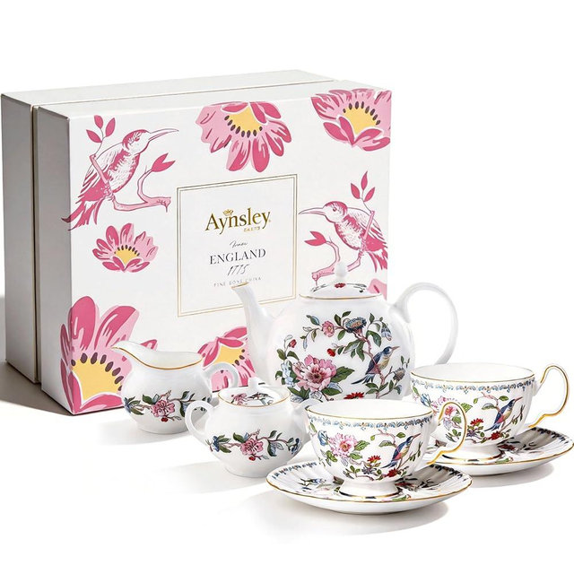 Aynsley Fine Bone China Pembroke Oban Teapot and Set of 2 Teacups & Saucers with Sugar Bowl & Cream Jug
