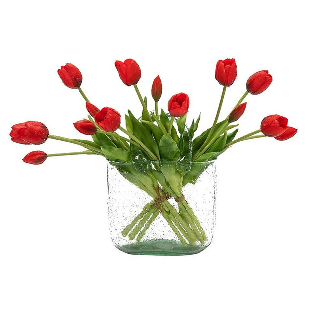 DUYONE 15pcs Artificial Tulips Flowers, Latex Bouquet, Fake Tulips for Office Wedding Party Home Kitchen Garden Decoration(Red,15pcs)