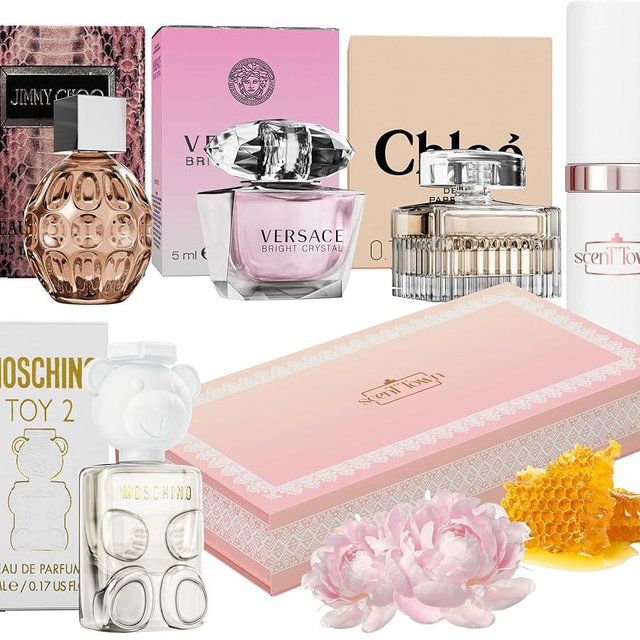 Scent Town Women's Perfume Gift Sets Bundle Mini Bottle – Designer Womens Perfume Sampler Sets with Refillable Atomizer – Bundle Includes Versace, Moschino, Chloe, Jimmy Choo Travel Size 0.15 Oz Each