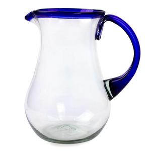 NOVICA Artisan Crafted Blue Accent Clear Glass Recycled Hand Blown Pitcher From Mexico, 82 oz, Blue Grace'