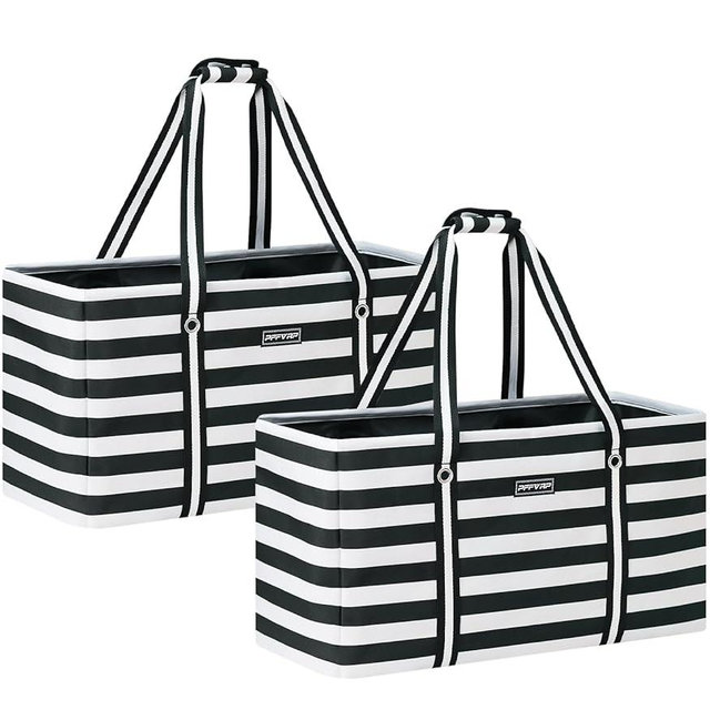 PFFVRP Stand Up Extra Large Utility Tote Bag 2-Pack, Foldable Reusable Grocery Bags with Metal Wire Frame & Reinforced Bottom Board, Large Utility Tote for Grocery Stores, Storage, Shopping（Black）