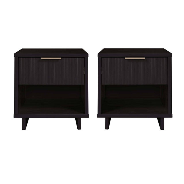Manhattan Comfort Set of 2 Granville Nightstands with Drawer Black: Modern Design, Soft Close, Metal Handles