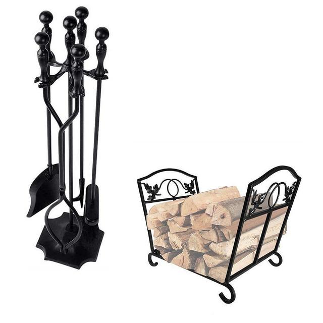 Amagabeli 5 Pcs Fireplace Tools Sets Black Handle Bundle Fireplace Log Holder Firewood Holder