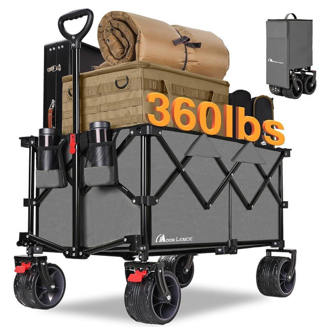 Moon Lence Collapsible Folding Wagon Cart Heavy Duty Folding Garden Portable Hand Cart with All-Terrain Beach Wheels, Adjustable Handle (Grey)