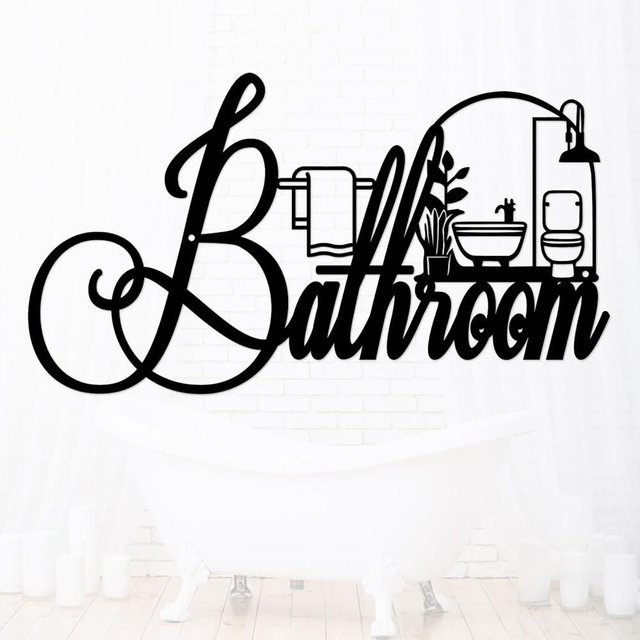 FengPingZi, bathroom decor wall art metal word sign for home bathrooms decor farmhouse bathrooms decor, 15" x 9" funny bathroom sign wall decor for bathroom decorations (matte black)