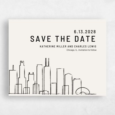 Ivory, White Wedding Save the Date - Chicago Skyline