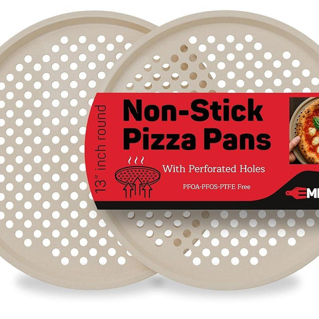 Non-Stick Pizza Pan 2 Pack, 13 Inch Round Carbon Steel Pizza Tray with Perforated Holes for Crispy Crust, PFOAPFOSPTFE Free, Dishwasher & Oven Safe Up To 450°F, Durable Nonstick White Marble Coating