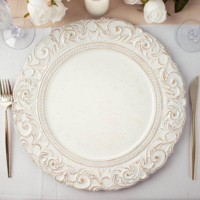 TCF Linen 14" Charger Plates - Set of 12 - Antique White Disposable Chargers With Engraved Baroque Rim, Vintage Design Round Acrylic Serving Plate For Wedding Party Events