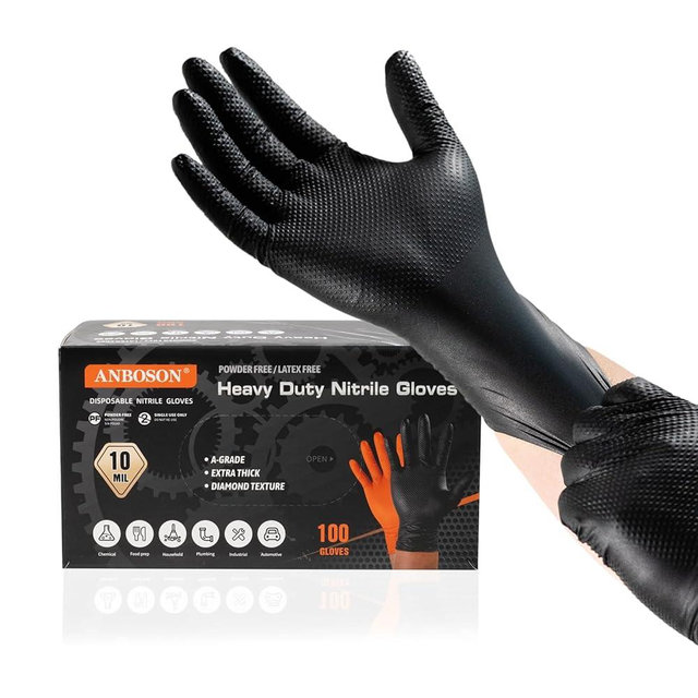 ANBOSON 10 Mil Nitrile Disposable Gloves Heavy Duty Mechanic Gloves Raised Diamond Texture Thick (Black of 100, X-Large)