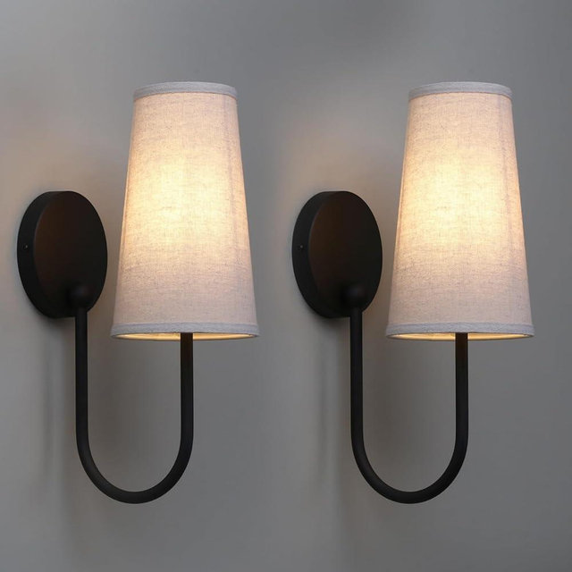 Yosoan Linen Fabric Shade Wall Sconce Set of 2, Vintage Industrial Hardwired Boho Aged Wall Mounted with Long Cone Cloth Shade for Bedroom Living Room Hallway Stairwell Mirror Vanity(Black)