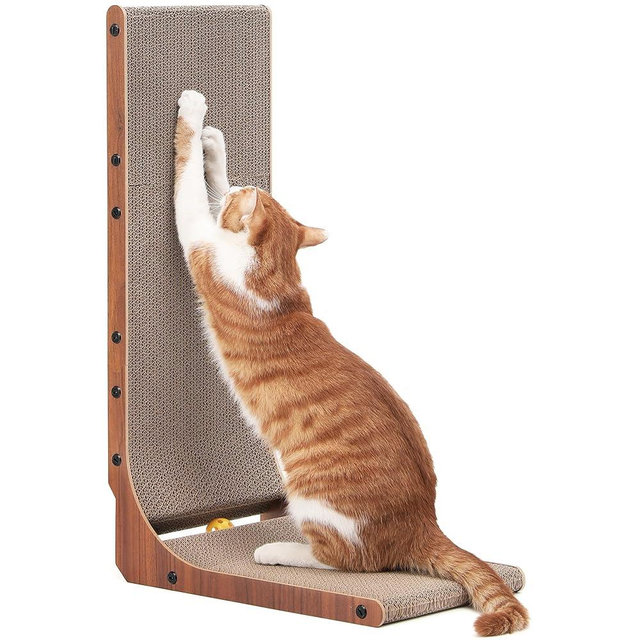 FUKUMARU Cat Scratcher, 26.8 Inch Cat Scratch Pad for Indoor Cats, L Shaped Cardboard Vertical Cats Scratching Board with Ball Toy, Walnut Color, 1 Pack