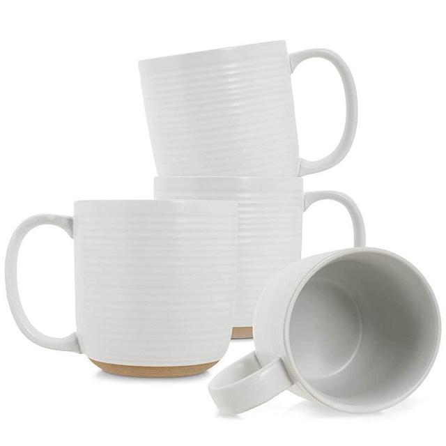 Elanze Designs Ribbed Ceramic Stoneware 13 ounce Raw Clay Bottom Coffee Mugs Set of 4, White