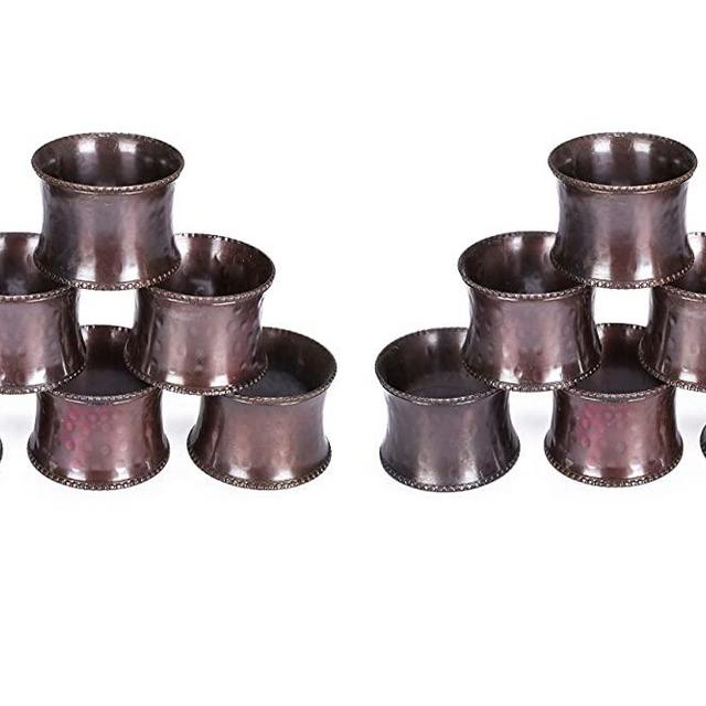 Metal Napkin Rings Set of 12, Drum Napkin Holders, Hammered Napkin Rings Bulk for Party Decoration, Dinning Table, Everyday, Family Gatherings - A great Tabletop Décor - Antique Copper/Bronzee