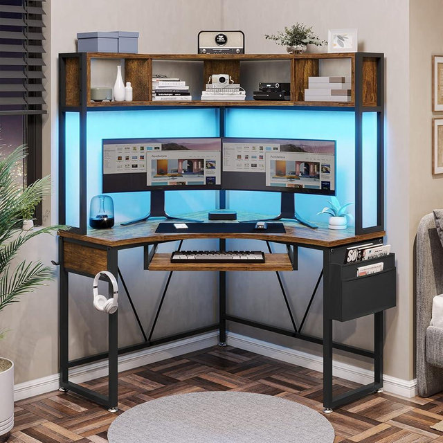 SEDETA Corner Desk, Small Computer Desk with Hutch & LED Lights, Triangle Corner Computer Desk with Keyboard Tray, Storage Bag, and Headphone Hook for Small Space, Small Office Desk, Rustic Brown