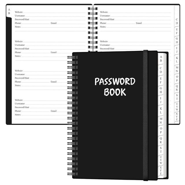 Password Book with Alphabetical Tabs - Large Size Password Keeper Journal Notebook for Computer & Website Logins, 6.4" x 8.5", Black