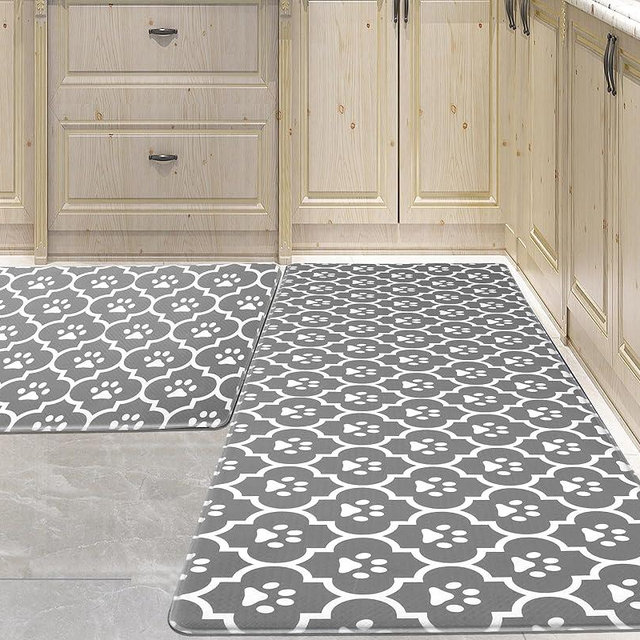 PCSWEET HOME Grey Kitchen Mat Cushioned Anti-Fatigue Floor Mat,Waterproof Non-Skid Kitchen Mats and Rugs Heavy Duty Comfort Standing Mat for Kitchen, Home, Office, Sink, Laundry, Puppy Paws