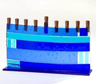 Blue Geometric Arc Fused Glass Menorah by Daryl Cohen