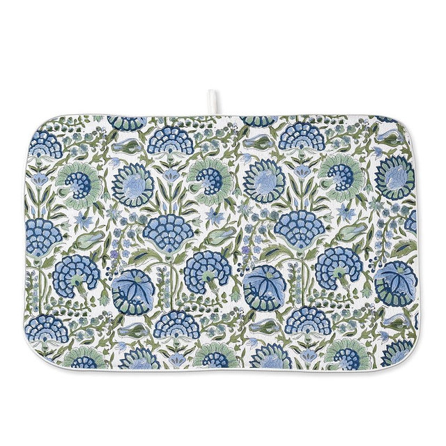Blue Sage Green Floral Dish Drying Mats 18x24 Inch Sage Green Block Print Flower Holiday Kitchen Decor Absorbent Drying Pad Rack Drainer Mats for Kitchen Dining Room Counter