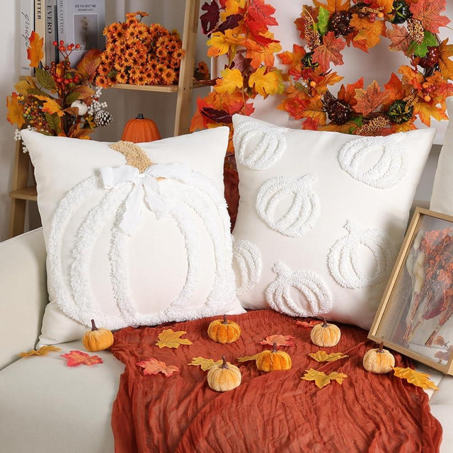2 Pcs Fall Pillow Covers 18x18 inch Pumpkin Throw Pillow Covers Pumpkin Embroidery Pillowcase Fall Throw Pillows Cases for Thanksgiving Autumn Harvest Farm Sweet Home Sofa Couch Decorations