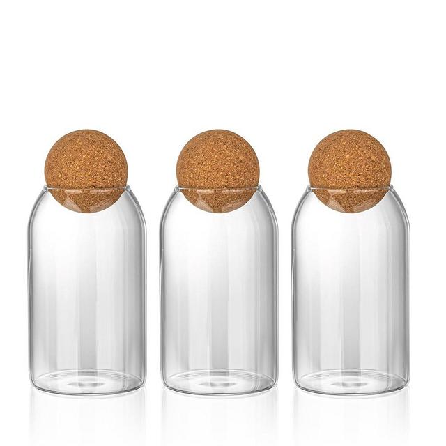 Wisifayardin Glass Storage Jars, 3 Pcs, 800ML/27Oz - Sealed With Cork Ball Lids, Airtight Round Bottles for Coffee Beans & Nuts, Containers With Wooden Lids
