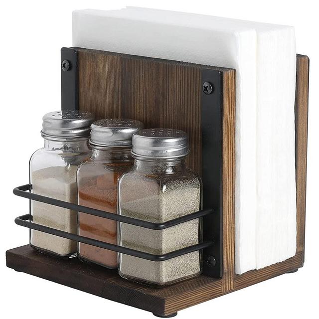 MyGift Rustic Wood Napkin Holder with 3 Salt and Pepper Shaker Set, Napkin and Spice Bottle Caddy, Modern Farmhouse Serving Table Caddy