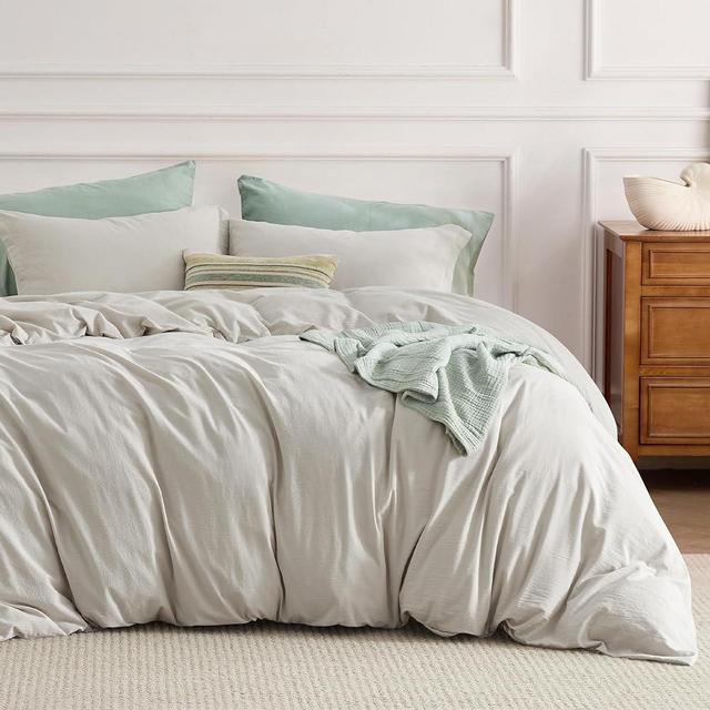 Bedsure 100% Stone Washed Cotton Duvet Cover Queen - Linen Grey Minimalist Cotton Duvet Cover Linen Like - 3 Pieces Plain Simple Duvet Cover Set with 2 Pillow Shams (Linen Grey, Queen, 90"x90")
