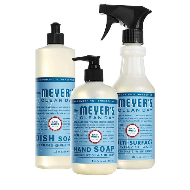 MRS. MEYER'S CLEAN DAY Kitchen Basics Gift Set, Rain Water Scent Cleaning Supplies, includes Dish Soap, Hand Soap and Multi Surface Cleaner
