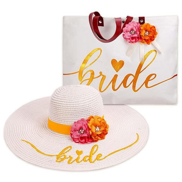 Bride Tote Bag Bride Beach Hat Set Bride Sun Hat | Bachelorette Beach Gift, Bridal Favor, Honeymoon, Wedding, Engagement