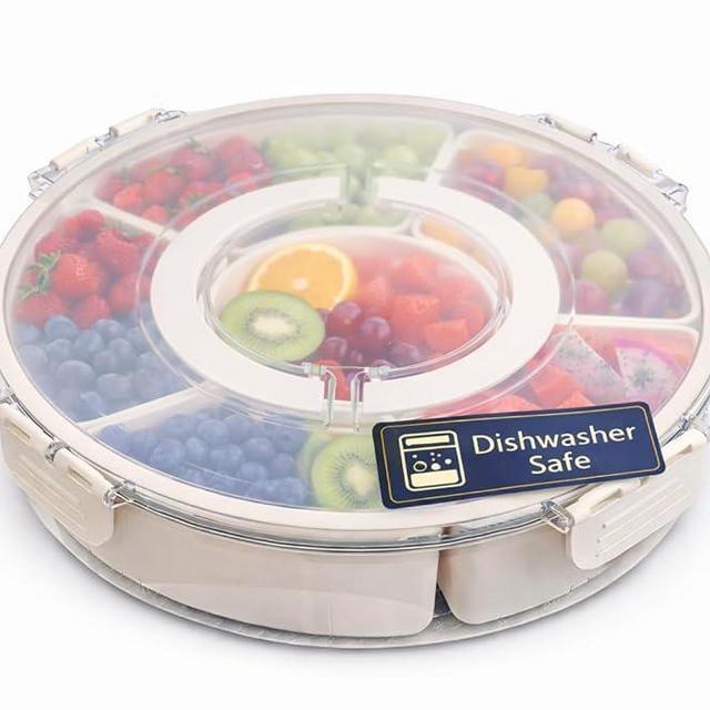 Divided Serving Tray with Lid - Snack Tray - Snack Box - Portable Snackle Box Organizer for Fruit, Salad, Chips & Dip - Lazy Susan Platter with Handle for Parties, Road Trips, Kids & Charcuterie