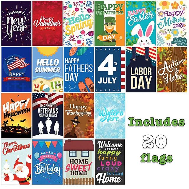 Seasonal Garden Flags Set | 20 Pack Assortment of 12-inch x 18-inch Flags | Double-Sided, Polyester, Durable