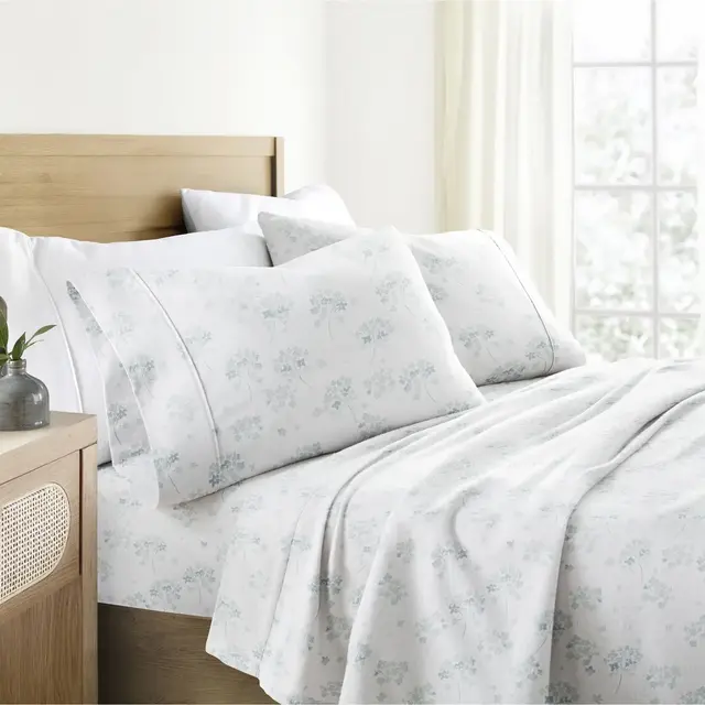 100% Cotton Flannel 4PC Sheet Set Super Soft - Becky Cameron, Flower Bunch Light Blue, Queen