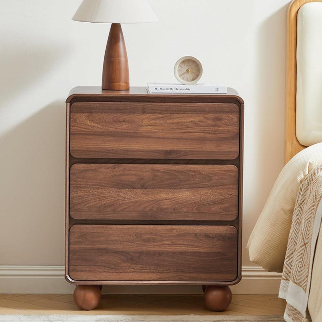 AVZEAR Modern 3 Drawer Dresser for Bedroom, Wooden Dresser Chest of Drawers, Handle Free & Curved Profile Design, Mid Century 3 Drawer Nightstand for Living Room, Walnut