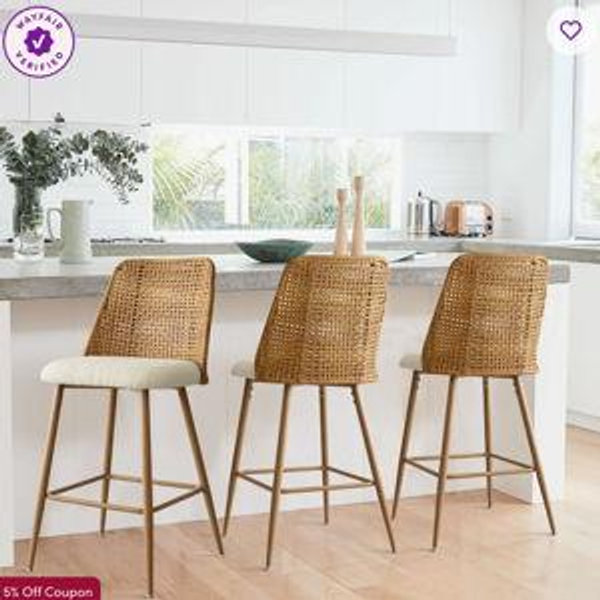Briahnna 27" Upholstered Boucle Rattan Full Back Counter Stool Set of 3 (Set of 3) - Oak