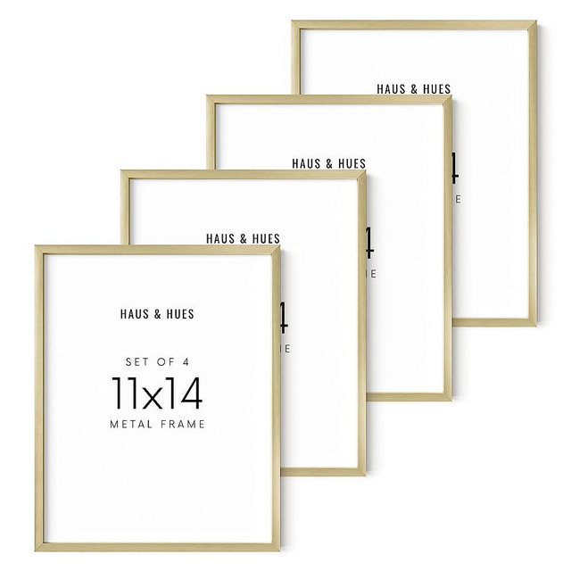 HAUS AND HUES 11x14 Gold Picture Frames - Set of 4 Gold Photo Frames, Gold Metal Wall Picture Frames, Gold Wall Frames 11x14, 14x11 Picture Frames, Gold Gallery Wall Frame Set (Gold Aluminum Frames)