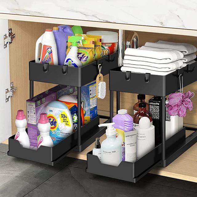 2 Pack Sliding Cabinet Basket Organizer Drawers,Multi-Purpose Under Sink Organizers and Storage Shelf for Bathroom Kitchen Cabinet Under Sink Organizer with Hooks,The Bottom Drawers Can be Pulled Out