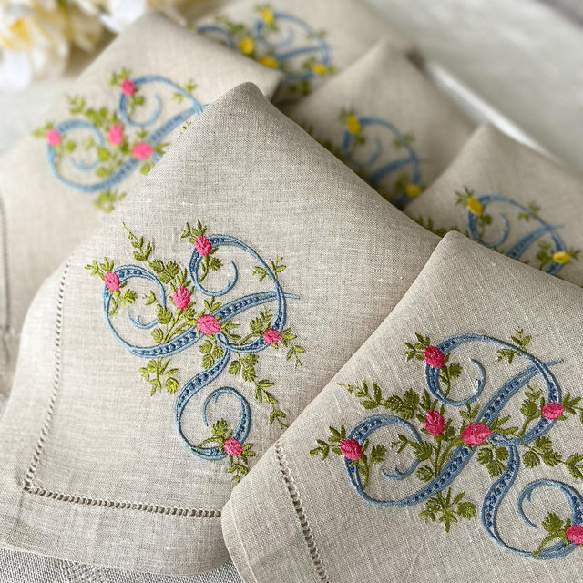 Spring Embroidered Linen Napkins, Vintage Monogram Font Napkins, Hostess gifts, Warm House Gifts, Bathroom Decor
