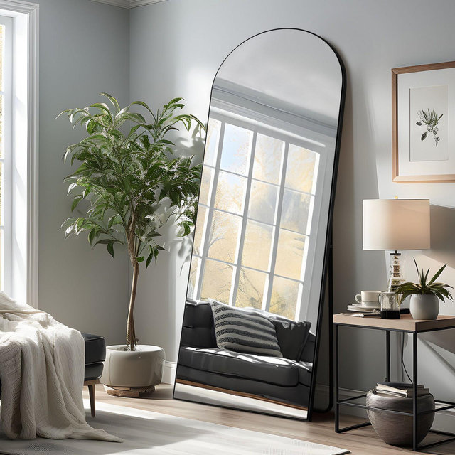 PexFix 67"x23" Wood Arched Oversized Full Length Mirror Freestanding Mirror Black
