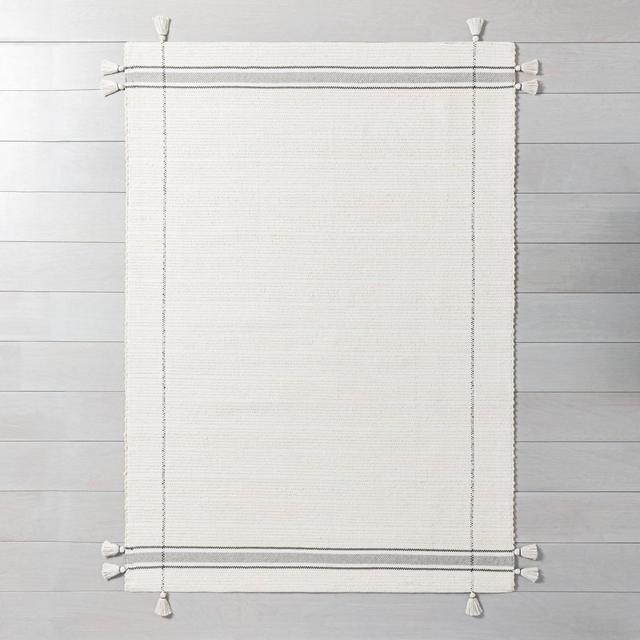 7' x 10' Simple Border Stripe with Corner Tassel Rug White/Gray - Hearth & Hand™ with Magnolia