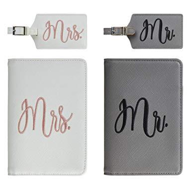 Chelmon Honeymoon Passport Wallets Travel Holder Set Mr. & Mrs. Slim Waterproof Passport Case Covers and Organizer Slots Grey and White (2 Covers with 2 Luggage Tags)