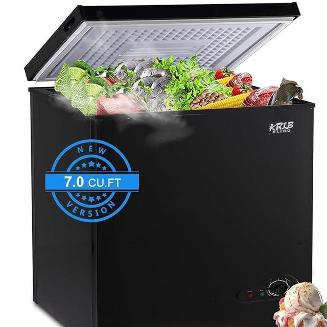 Chest Freezer 7.0 cu.ft Mini Adjustable 7 Thermostat Compact Deep Freezer Top Door Low Noise with Removable Basket Black