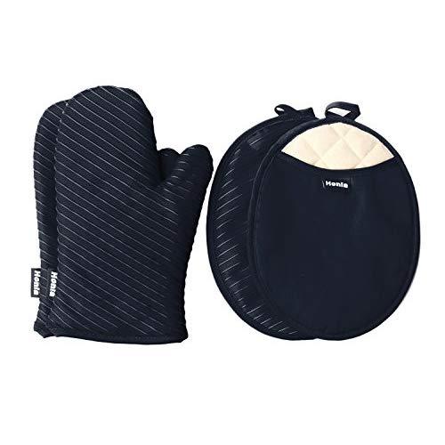 Honla Pot Holders and Oven Mitts Gloves with Silicone Printed,2 Hot Pads and 2 Potholders Set,4 Piece Heat Resistant Kitchen Linens Set for Cooking,Baking,Grilling,Barbecue,Black