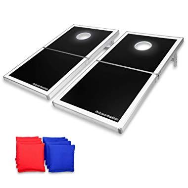 GoSports Cornhole PRO Regulation Size Bean Bag Toss Game Set - Foldable (American Flag, LED, Black, Red & Blue Designs)