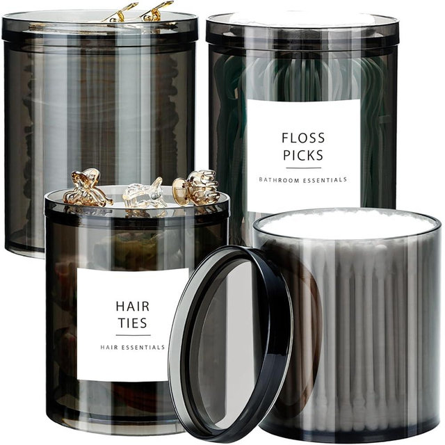 SheeChung Stackable Qtip Holder with Storage Lids for Cotton Swabs, Balls, Pads, Floss Picks-4 Pack Acrylic Apothecary Jar Bathroom Accessories for Bathroom Counter Organizer (4pack 10oz&12oz)