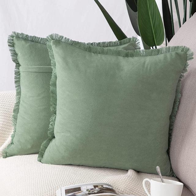 MADIZZ Set of 2 Suede Throw Pillow Covers with Fringe Tassels 24x24 Inch Light Green Soft Decorative Cushion Cover for Sofa Bedroom Pillow Shell