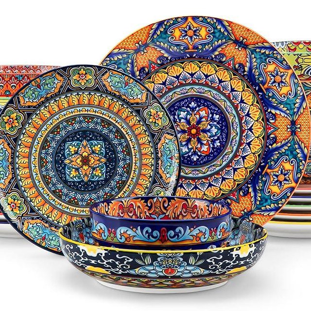 vancasso 24-Piece Dinnerware Sets,Plates & Bowls Sets Service for 6, Bohemian Porcelain Dishes Set for 6, Kitchen Dinner Set,Microwave & Dishwasher Safe, Scratch Resistant,Series KRVI