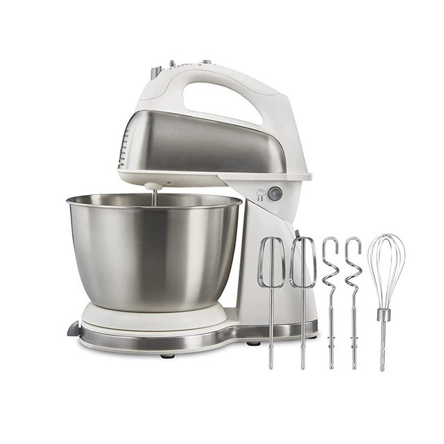 Hamilton Beach Classic Stand and Hand Mixer, 4 Quarts, 6 Speeds with QuickBurst, Bowl Rest, 290 Watts Peak Power, White (64655)