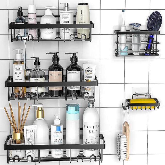 Moforoco Shower Caddy Shelf Organizer Rack, Self Adhesive Black Bathroom Shelves Basket, Home Farmhouse Wall Shower Inside Organization and Storage Decor Rv Accessories, First Apartment Essentials