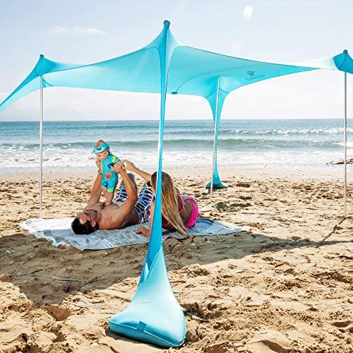 SUN NINJA Pop Up Beach Tent Sun Shelter with Sand Shovel, Ground Pegs,and Stability Poles, Outdoor Shade for Camping Trips, Fishing, Backyard Fun or Picnics (10x10FT 4 Pole, Turquoise)