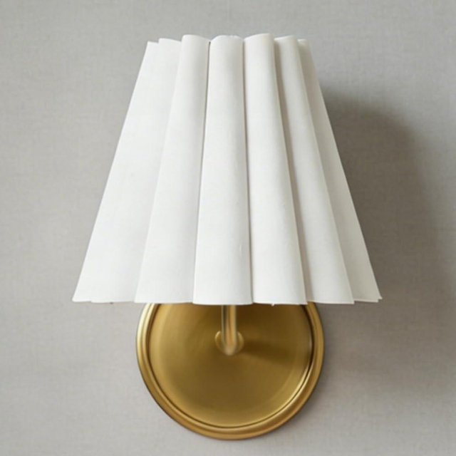 Natural Conical Ivory Linen Wall Sconce with Ruffled Edge, Mid-Century Modern Matte Black Wall Light, Elegant Light Fixture for Dining Room, Bedroom, Kitchen, Hallway (8 Inch Shade) (Brass)