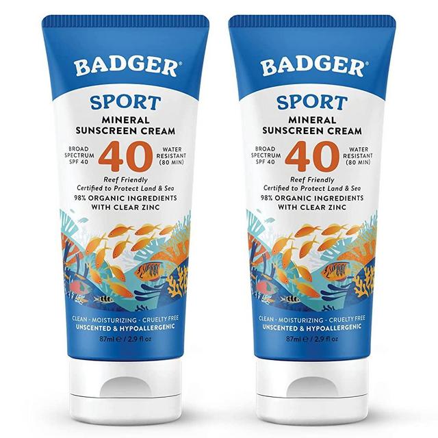 Badger SPF 40 Sport Mineral Sunscreen Cream (2 Pack) - Reef-Friendly Broad-Spectrum Water-Resistant Sport Sunscreen with Zinc Oxide - Unscented, 2.9 oz